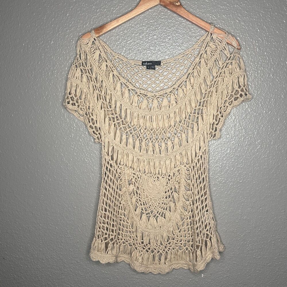 Takara Cream Ivory Crochet Knit Fringe Top Festival Size Small